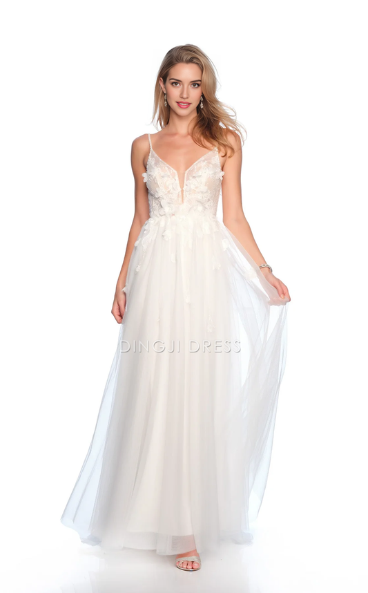 DingJiDress Hot Sale Wedding Dress Exquisite A Line V Neck Spaghetti Strap 3D Flower Backless Floor-Length Lovely Fantastic Formal Wear Dresses