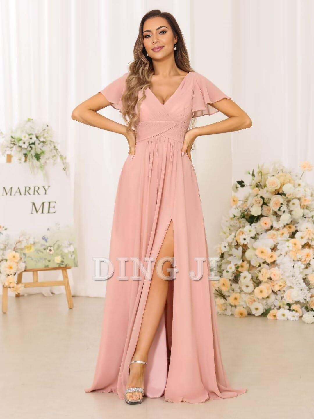 DingJiDress Bridesmaid Dresses Exquisite V Neck Pleated Side Slit Romantic Formal Wear Dresses