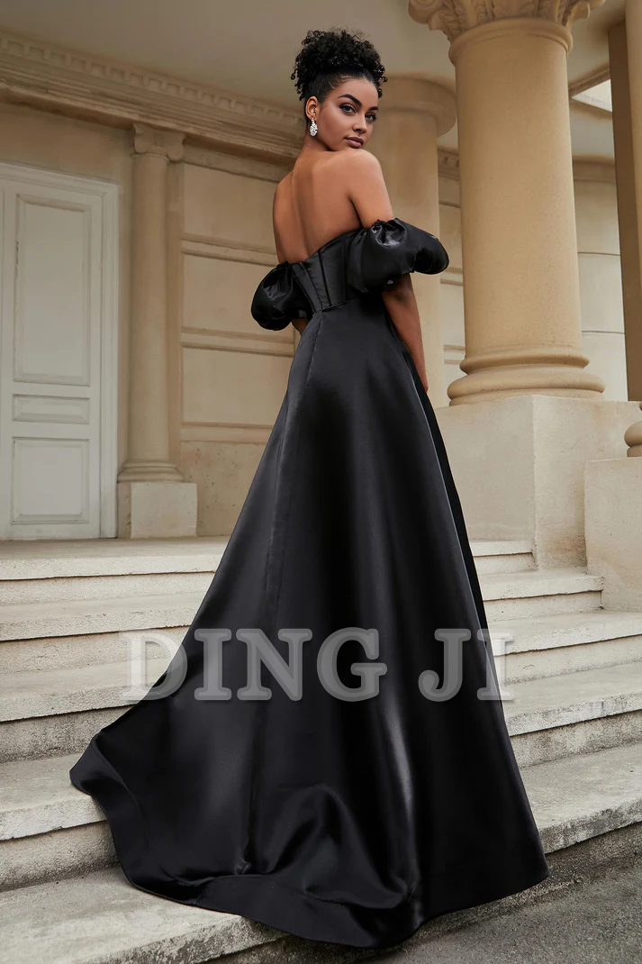 DingJiDress Evening Dress Strapless A-Line Strapless Dress Backless Ruched Side Fork Sweep Train Senior Wedding Guest Dresses