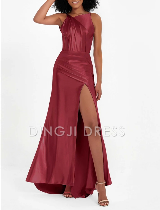DingJiDress Evening Dress Elegant Sheath Backless Pleated High Slit Sweep Train Long Dress Fashion Formal Dress