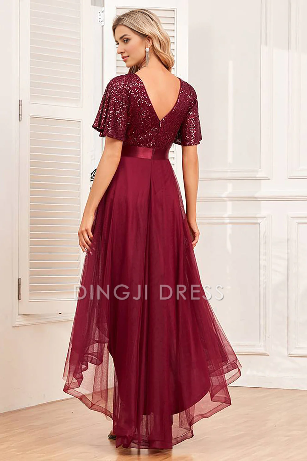 DingJiDress High Quality Dress Evening Dress Unique High-Low A-Line Sequins V Neck Short Sleeve Ruched Long Prom Dress