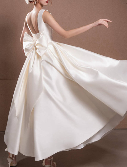 Reception Vintage 1940s / 1950s Little White Dresses Wedding Dresses A-Line Square Neck Regular Straps Ankle Length Satin Bridal Gowns With Bow(s)