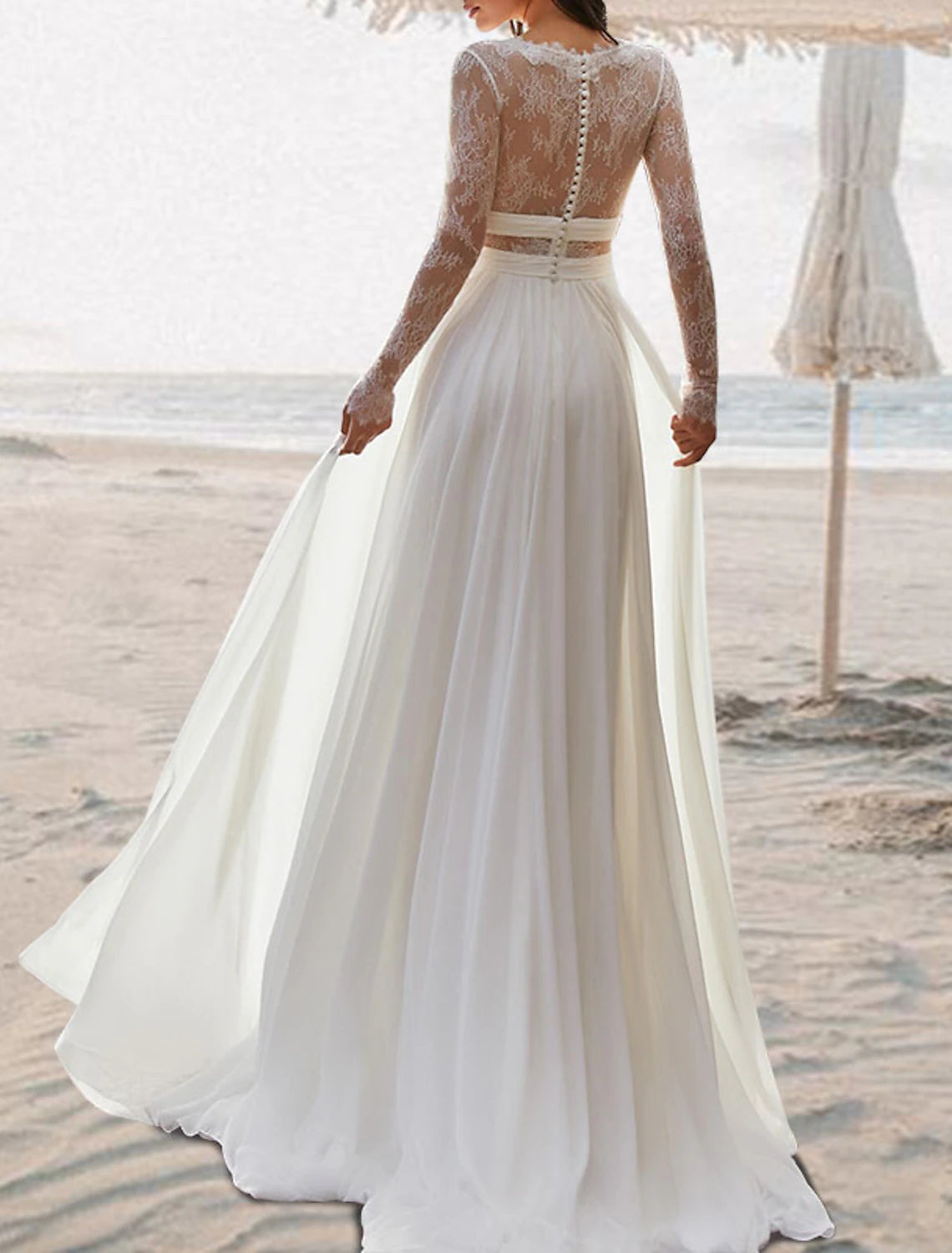 DingJiDress Beach Open Back Boho Wedding Dresses A-Line V Neck Sleeveless Floor Length Chiffon Bridal Gowns With Pleats