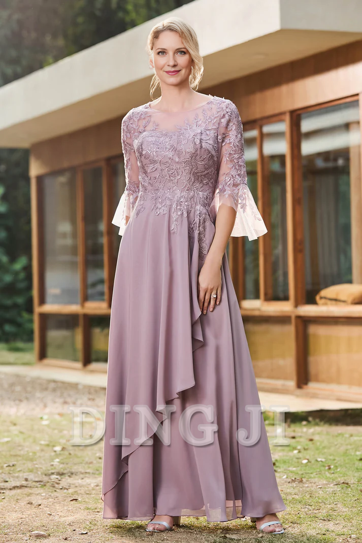 DingJiDress Mother of the Bride Dresses Ruffles Illusion Neck Lace Applique Chiffon Dress Luxury Elegant Dresses Wedding Guests Dresses