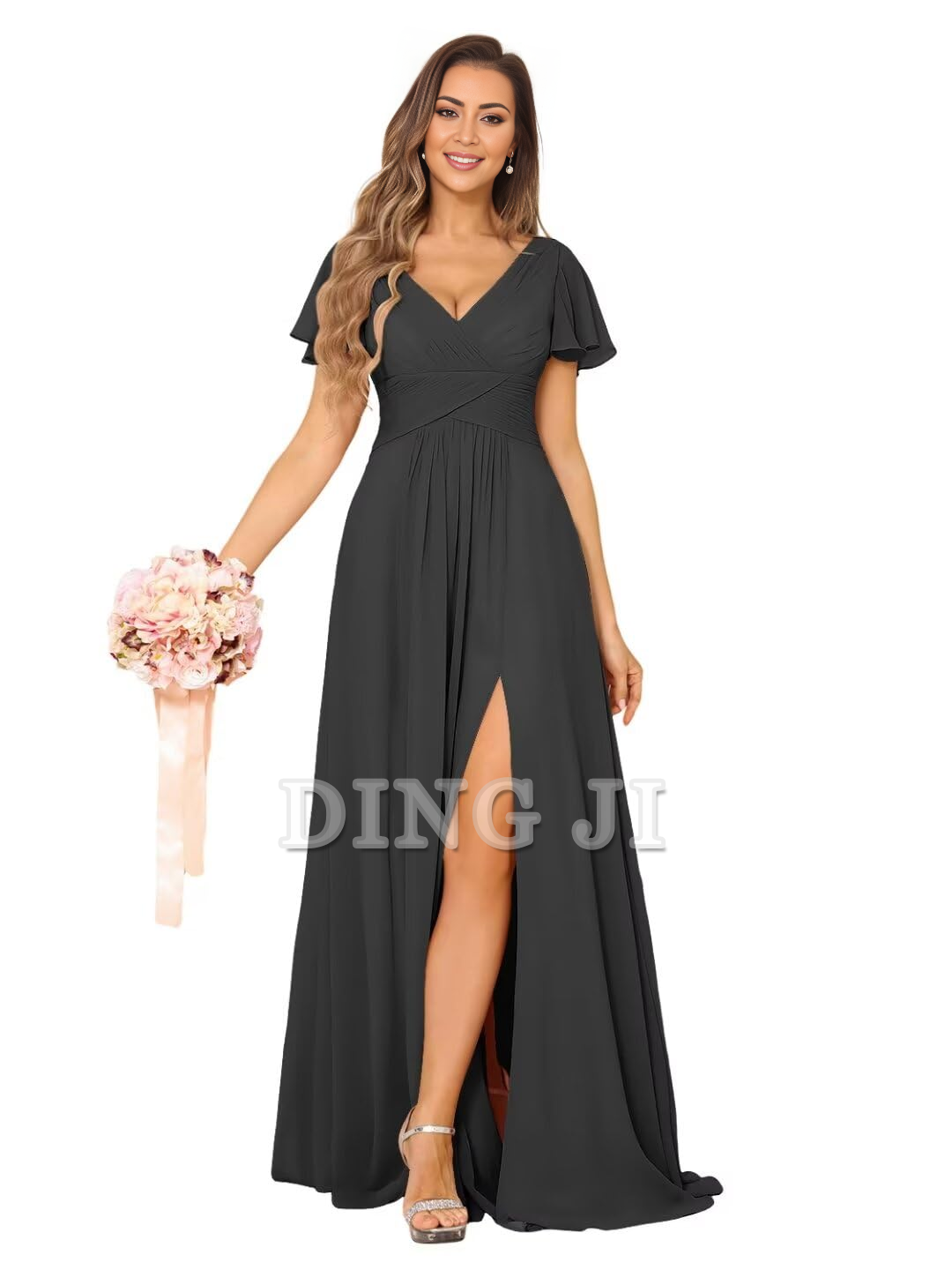 DingJiDress Bridesmaid Dresses Exquisite V Neck Pleated Side Slit Romantic Formal Wear Dresses