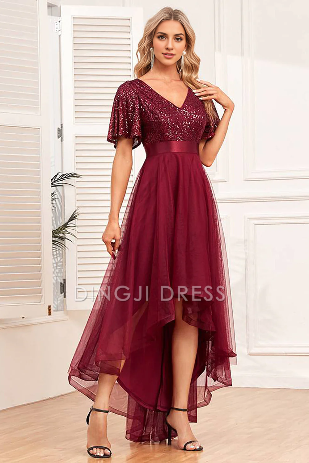 DingJiDress High Quality Dress Evening Dress Unique High-Low A-Line Sequins V Neck Short Sleeve Ruched Long Prom Dress