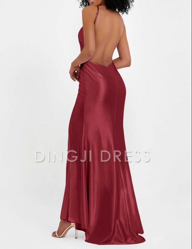 DingJiDress Evening Dress Elegant Sheath Backless Pleated High Slit Sweep Train Long Dress Fashion Formal Dress