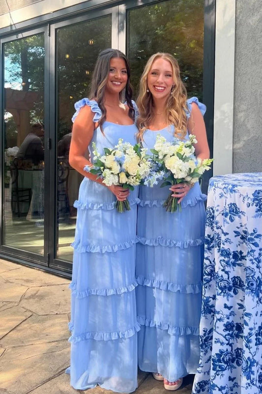 Cute Blue Chiffon A-line Square Neck Sleeveless Ruffles Strap Layering Ruffles Low Cost Floor Length Bridesmaid Dresses