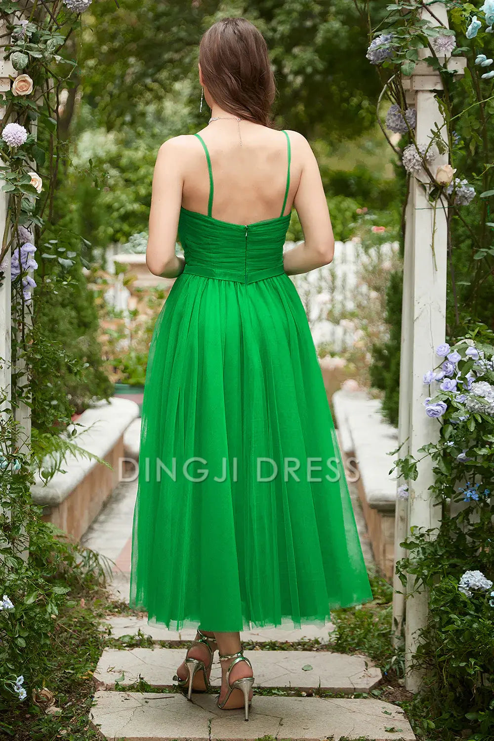 DingJiDress High Quality Dress Evening Dress Tulle A-Line Spaghetti Strap Sweetheart Tea-Length Pleated Prom Dress