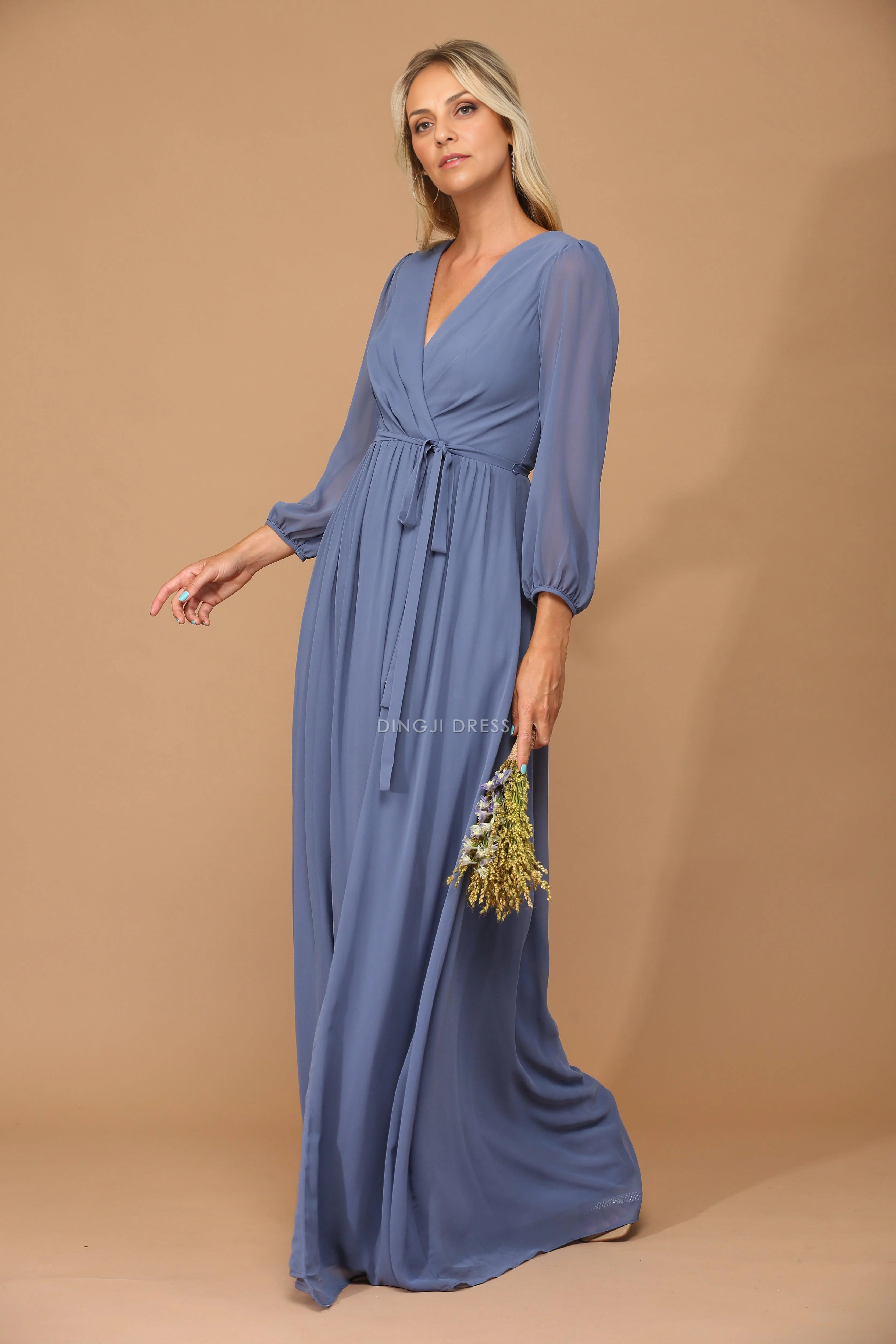 DingJiDress Evening Dress Elegant V Neck Long Sleeves Simple Long Mother Of The Bride Dress