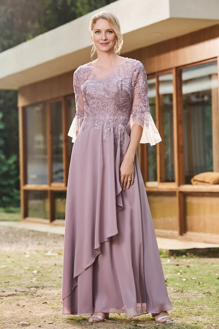 DingJiDress Mother of the Bride Dresses Ruffles Illusion Neck Lace Applique Chiffon Dress Luxury Elegant Dresses Wedding Guests Dresses