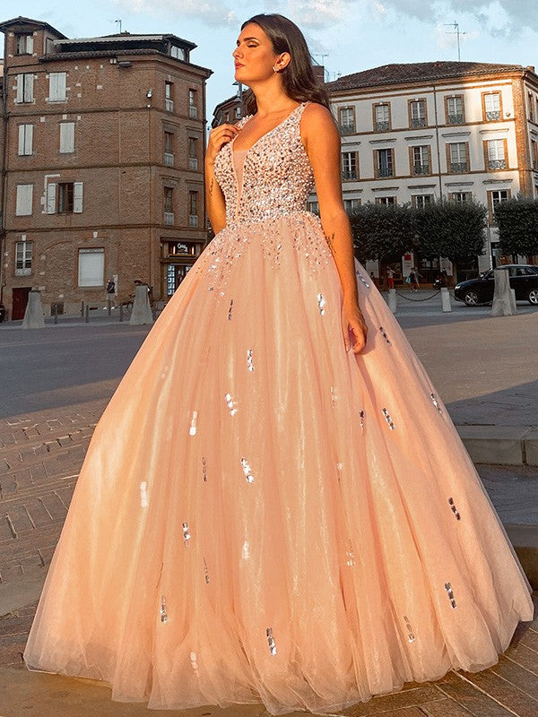 Ball Gown Tulle V-neck Beading Sleeveless Floor-Length Dresses