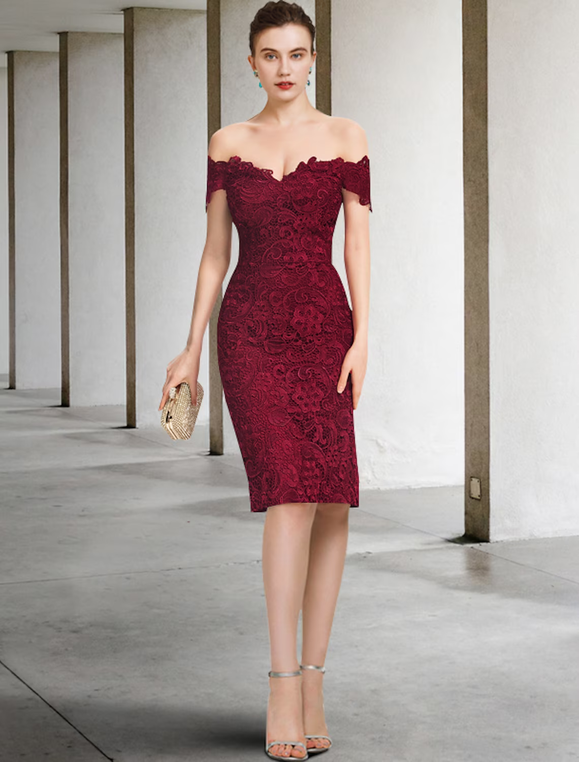 Two Piece Mother of the Bride Dress Formal Wedding Guest Party Elegant Off Shoulder Knee Length Chiffon Lace Short Sleeve with Appliques