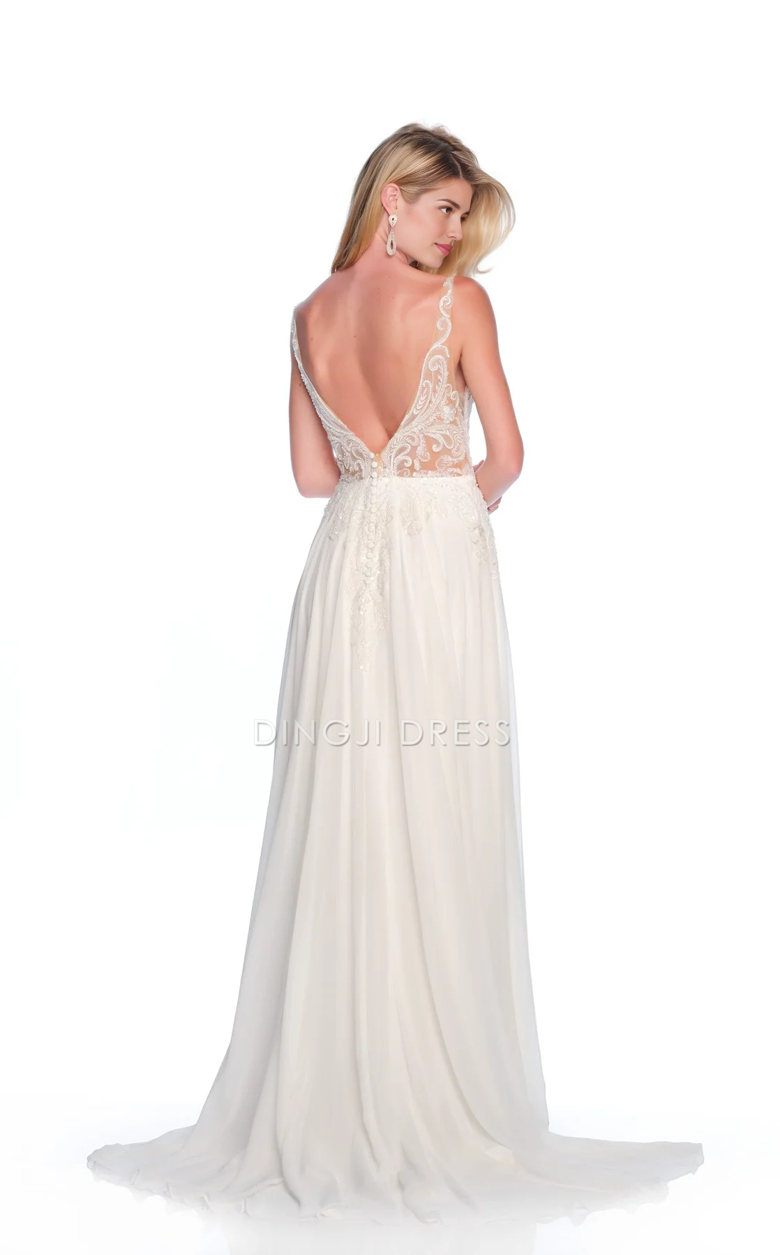 DingJiDress Hot Sale Wedding Dress Exquisite A Line V Neck Spaghetti Strap Sleeveless Backless Lace Floor-length Charming Formal Wear Dresses