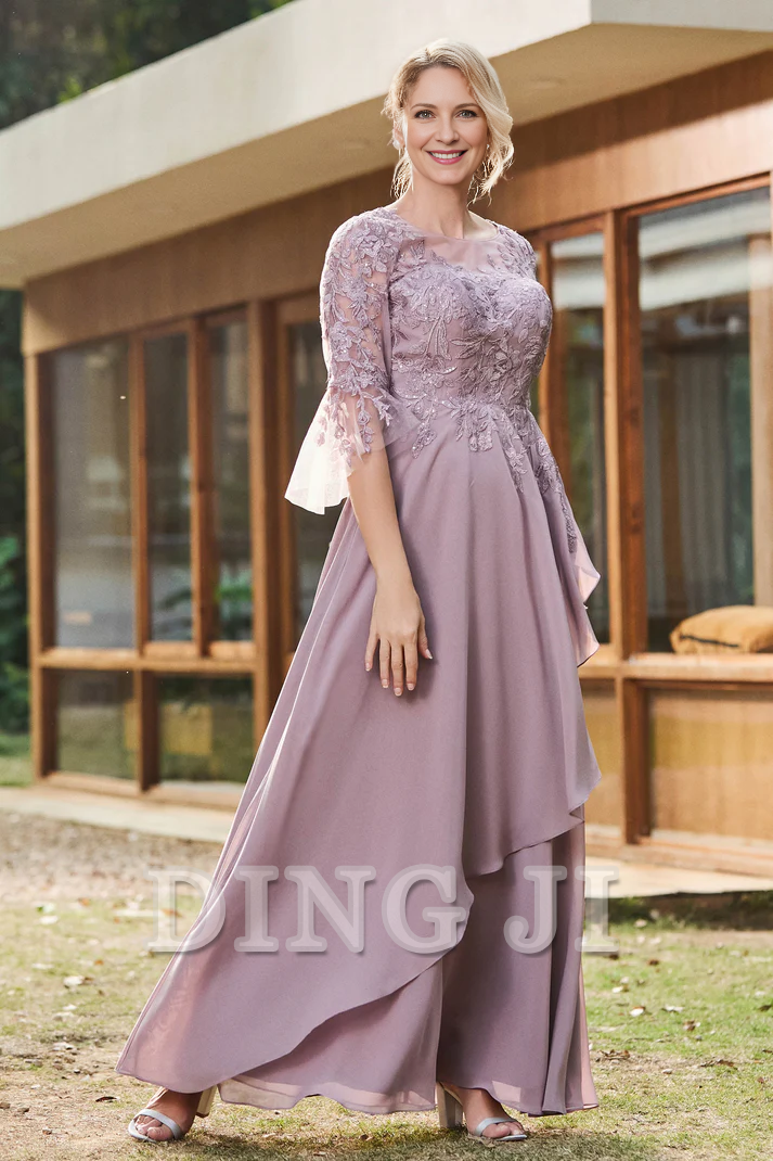 DingJiDress Mother of the Bride Dresses Ruffles Illusion Neck Lace Applique Chiffon Dress Luxury Elegant Dresses Wedding Guests Dresses