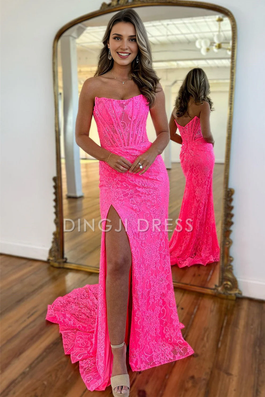 DingJiDress Gorgeous Mermaid Strapless Sweep Train Lace Slit Elegant Prom Dress
