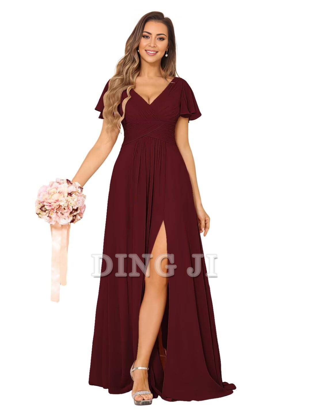 DingJiDress Bridesmaid Dresses Exquisite V Neck Pleated Side Slit Romantic Formal Wear Dresses