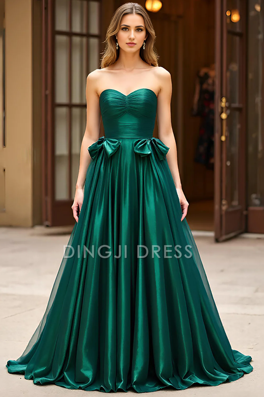 DingJiDress High Quality Dress Fashion Strapless A Line Sweetheart Pleated With Bow Long Prom Dress