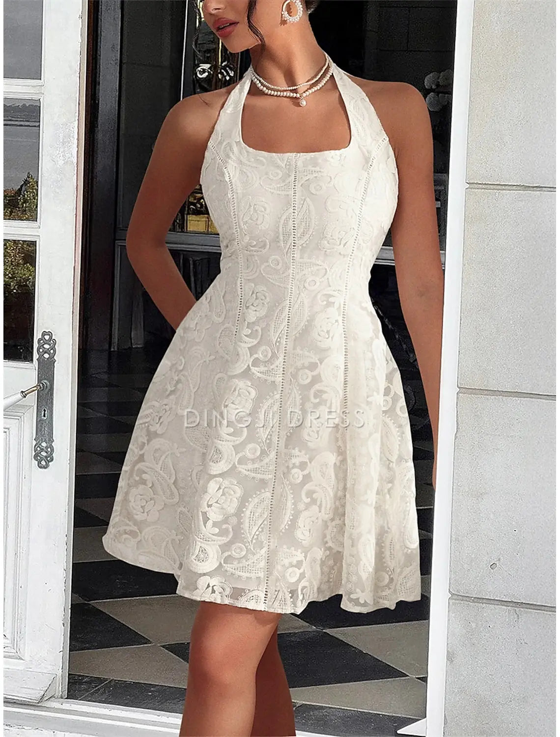 DingJiDress Hot Sale Short Prom Dress A-Line Elegant Formal Sleeveless Halter Neck Lace Backless Fashion New Homecoming Dress