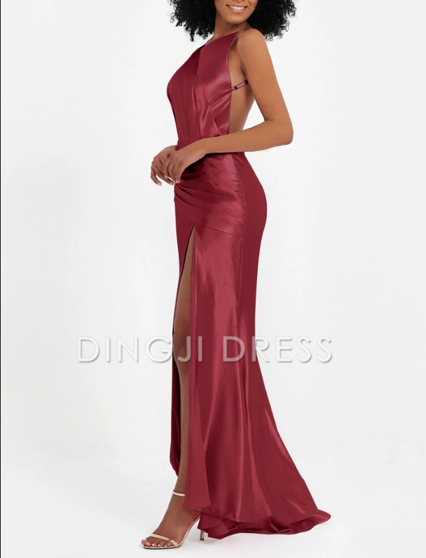 DingJiDress Evening Dress Elegant Sheath Backless Pleated High Slit Sweep Train Long Dress Fashion Formal Dress