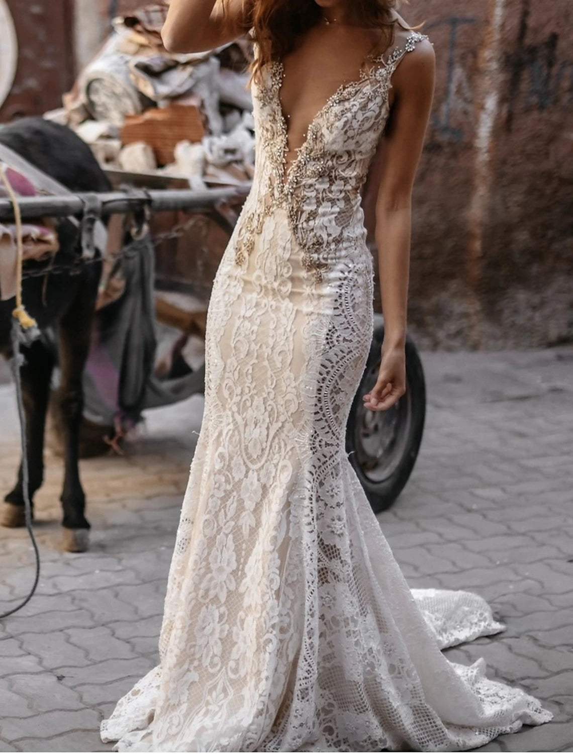 Beach Open Back Sexy Boho Wedding Dresses Mermaid / Trumpet V Neck Sleeveless Court Train Lace Bridal Gowns With Appliques