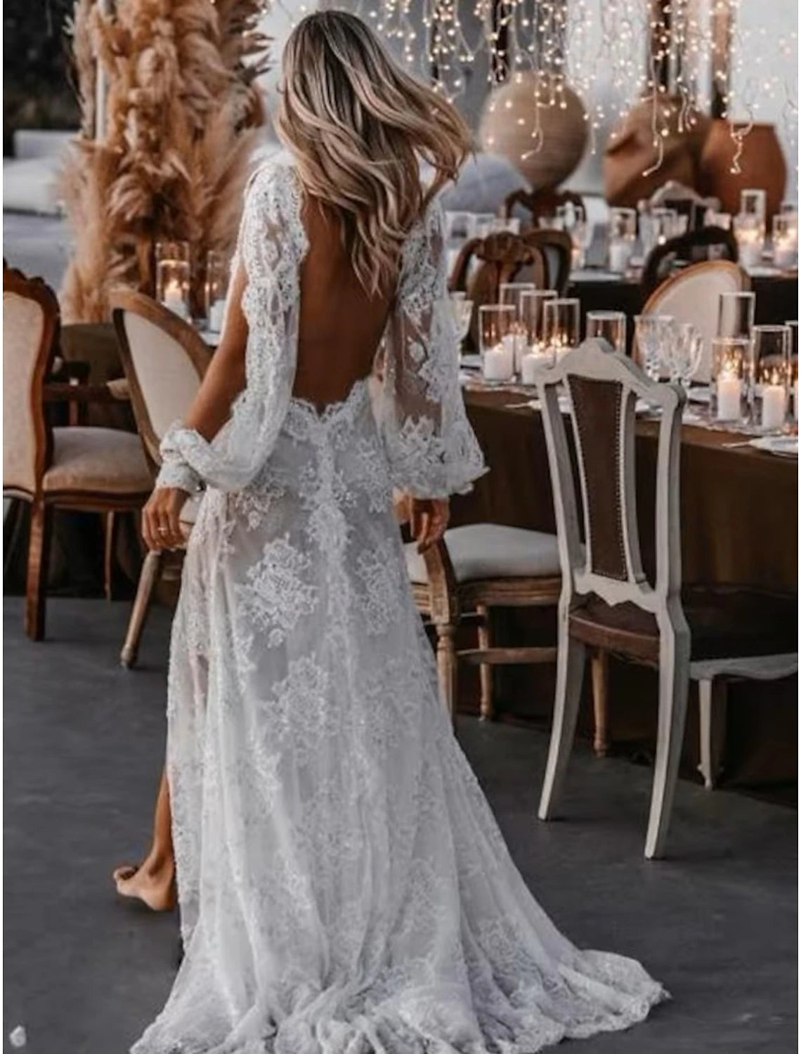 Beach Sexy Boho Wedding Dresses A-Line V Neck Long Sleeve Sweep / Brush Train Lace Bridal Gowns With Appliques
