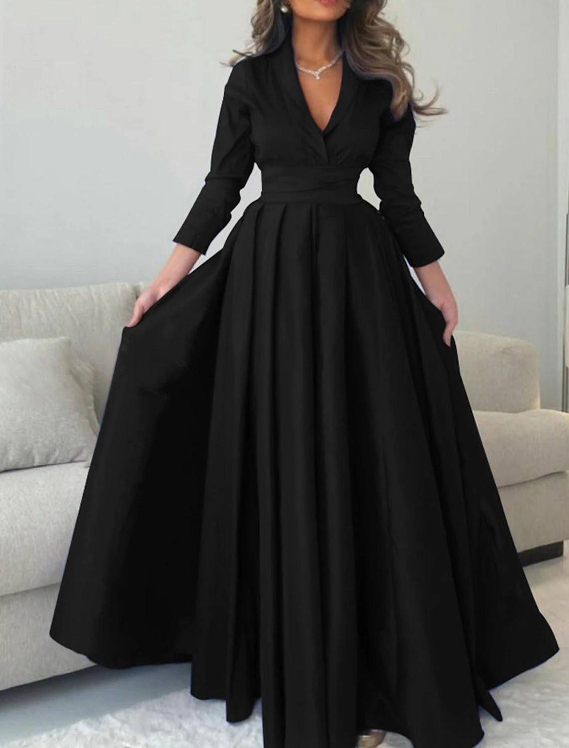 A-Line Evening Gown Elegant Dress Formal Christmas Floor Length 3/4 Length Sleeve V Neck Satin with Pleats