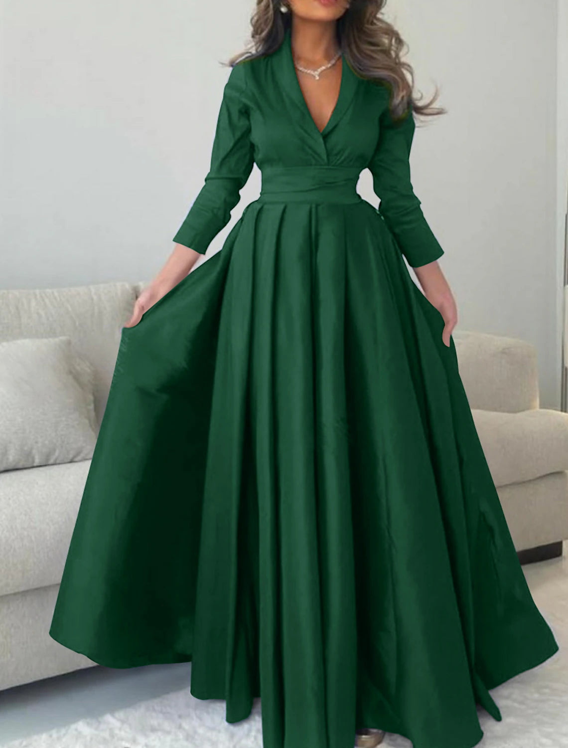 A-Line Evening Gown Elegant Dress Formal Christmas Floor Length 3/4 Length Sleeve V Neck Satin with Pleats