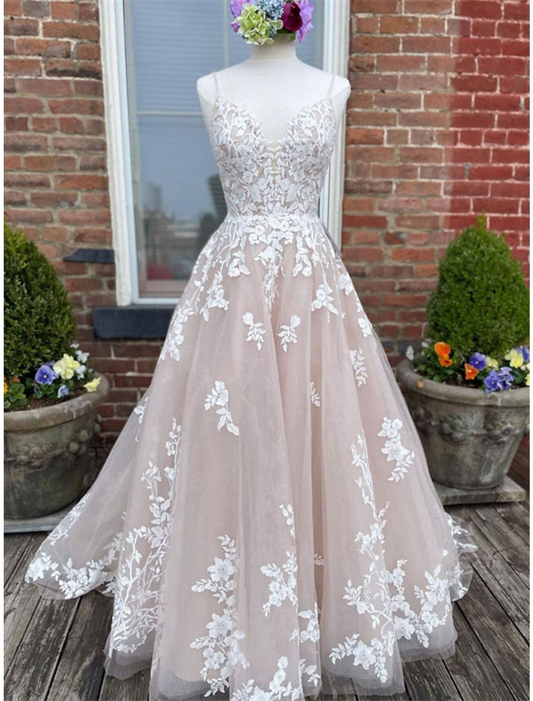Engagement Wedding Dresses in Color Formal Wedding Dresses Chapel Train A-Line Sleeveless Strap Lace With Buttons Appliques