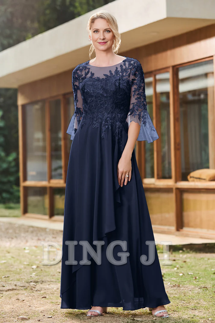 DingJiDress Mother of the Bride Dresses Ruffles Illusion Neck Lace Applique Chiffon Dress Luxury Elegant Dresses Wedding Guests Dresses