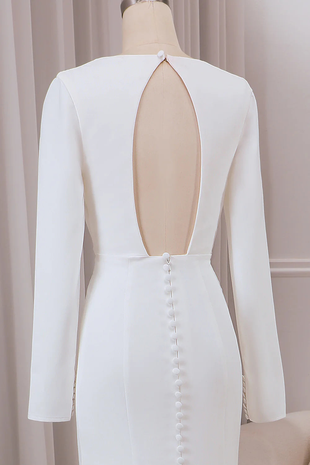 DingJiDress Ivory Deep V-neck Long Sleeves Crepe Mermaid Wedding Dress with Front Slit