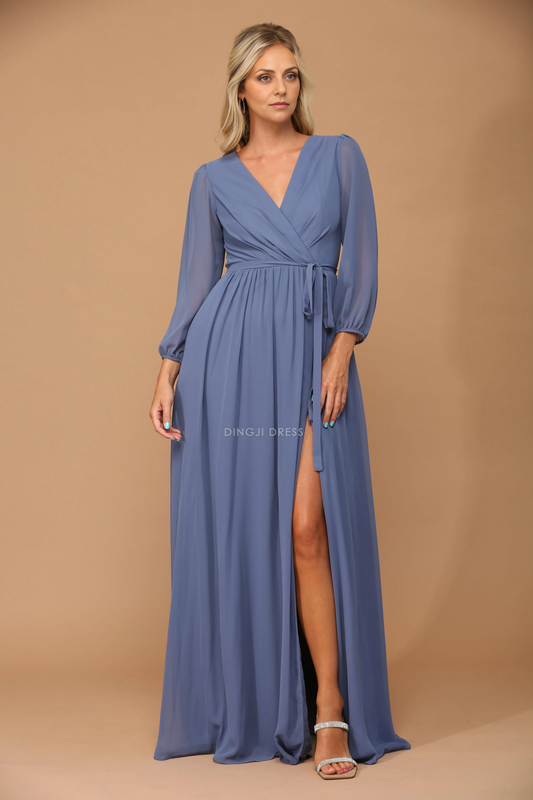 DingJiDress Evening Dress Elegant V Neck Long Sleeves Simple Long Mother Of The Bride Dress