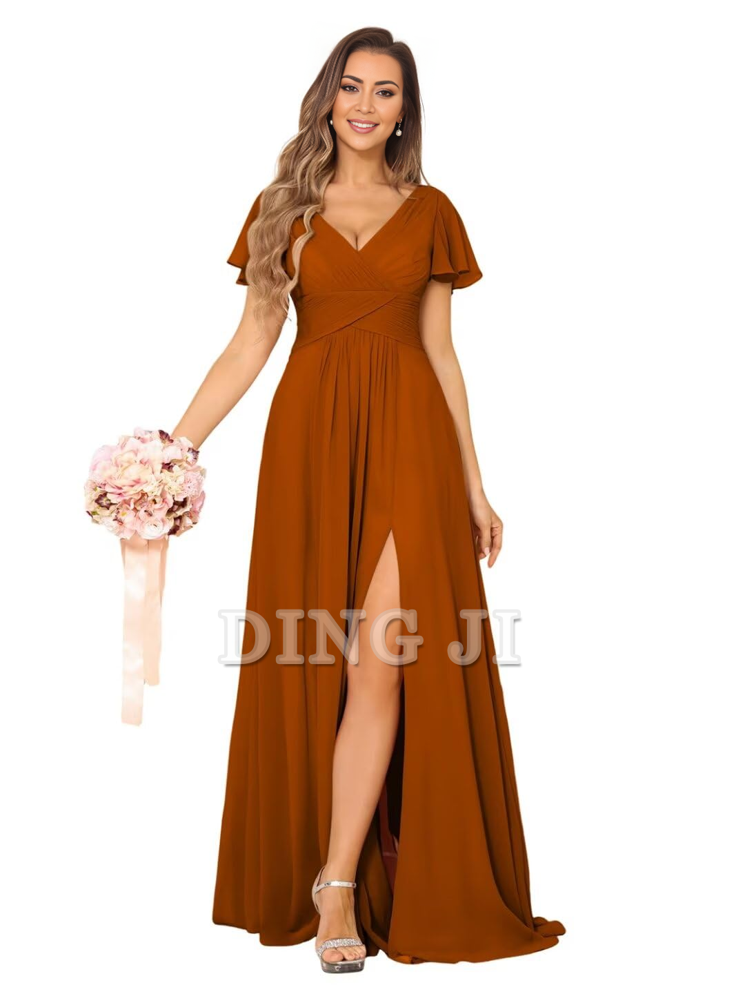 DingJiDress Bridesmaid Dresses Exquisite V Neck Pleated Side Slit Romantic Formal Wear Dresses