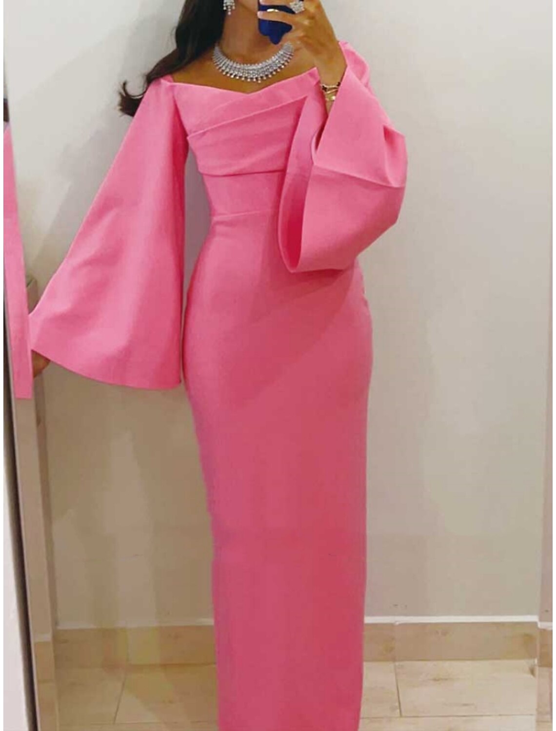 DingJiDress Sheath / Column Evening Gown Elegant Dress Formal Ankle Length Long Sleeve Scoop Neck Stretch Fabric with Ruched