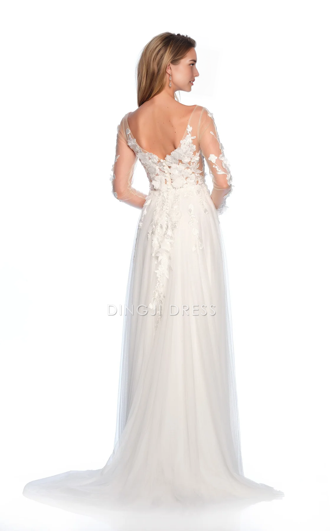 DingJiDress Hot Sale Wedding Dress Exquisite A Line V Neck Long Sleeves 3D Flower Side Fork Floor-length Charming Formal Wear Dresses