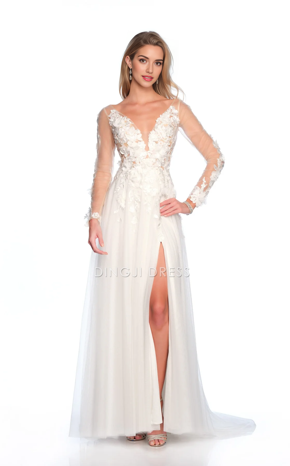 DingJiDress Hot Sale Wedding Dress Exquisite A Line V Neck Long Sleeves 3D Flower Side Fork Floor-length Charming Formal Wear Dresses