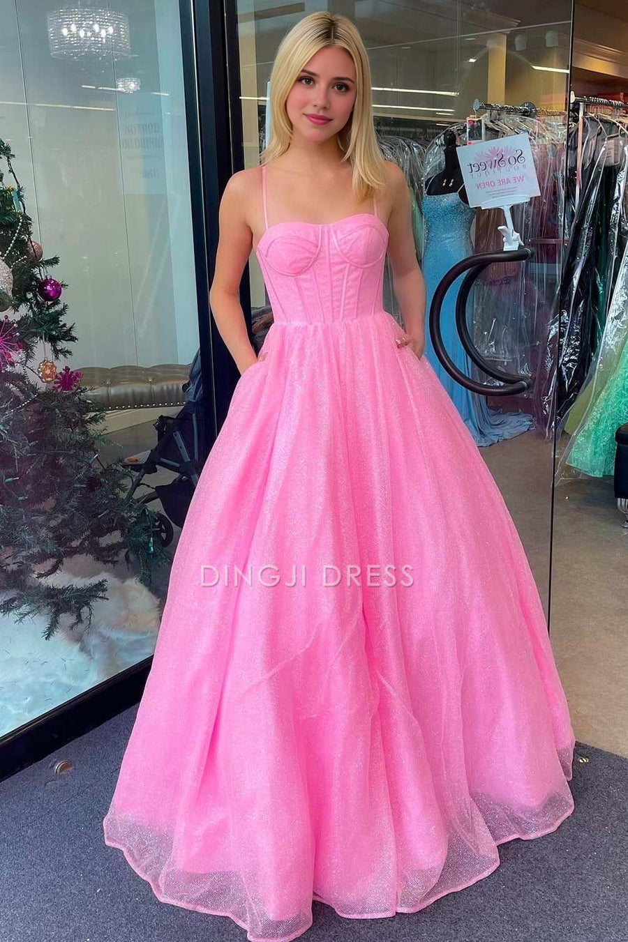 DingJiDress Formal Dress Elegant A Line Sweetheart Spaghetti Straps Empire Sparkly Party Prom Dress