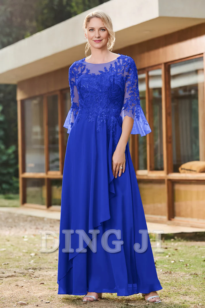 DingJiDress Mother of the Bride Dresses Ruffles Illusion Neck Lace Applique Chiffon Dress Luxury Elegant Dresses Wedding Guests Dresses