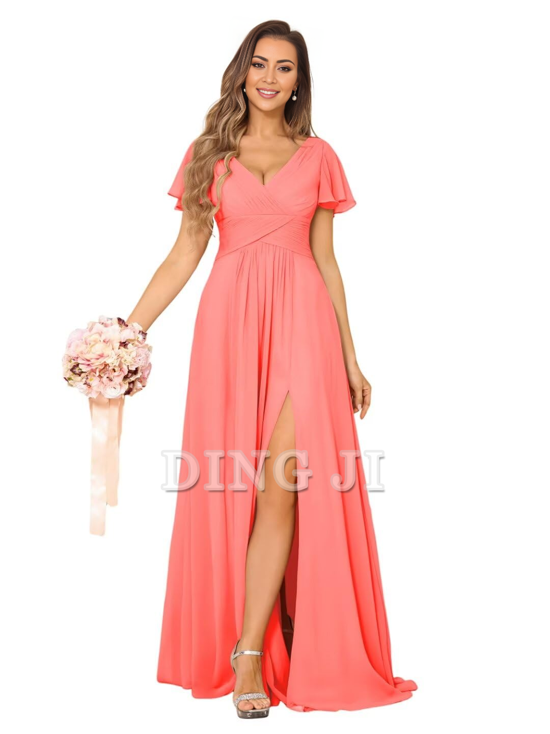 DingJiDress Bridesmaid Dresses Exquisite V Neck Pleated Side Slit Romantic Formal Wear Dresses