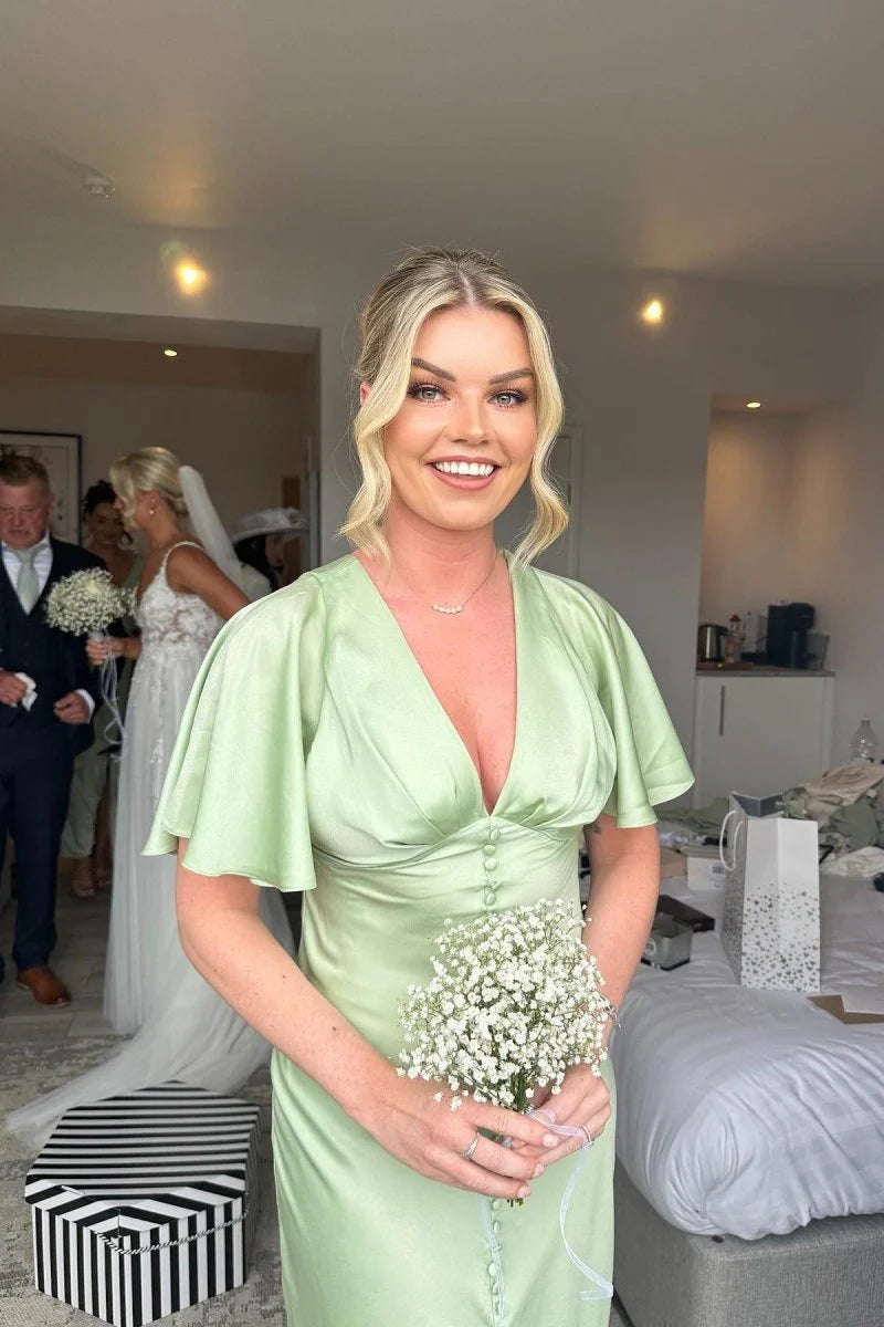 Fashion Sage Green Sheath V Neck Flare Sleeves with Buttons Slit Low Cost Anke-Length Bridesmaid Dresses