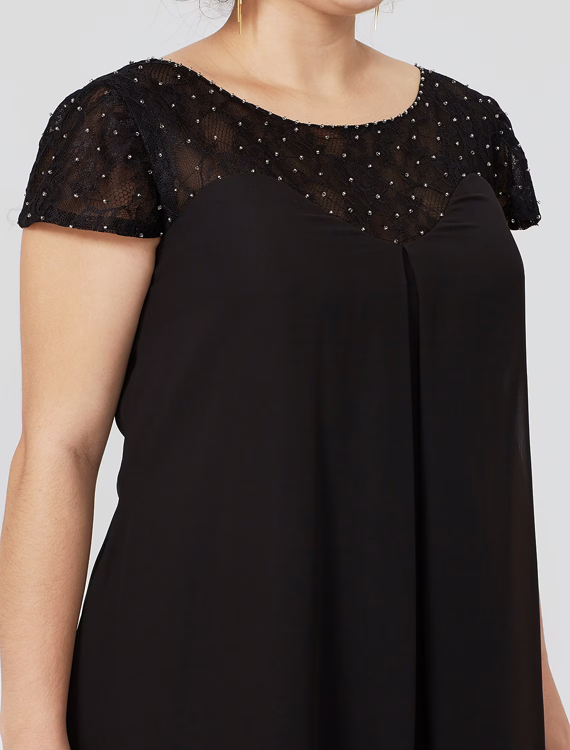 Mother of the Bride Dress Formal Little Black Dress Plus Size Knee Length Chiffon Lace Short Sleeve No with Pleats Beading Lace