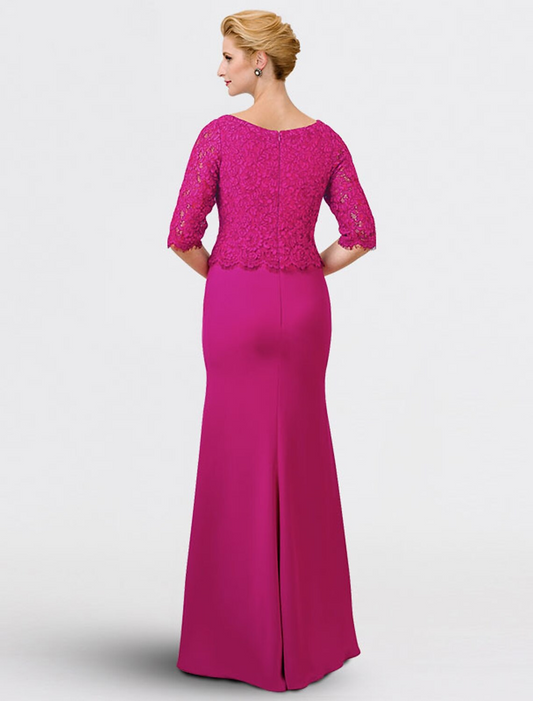 Mother of the Bride Dress Elegant V Neck Floor Length Chiffon Lace Half Sleeve with Appliques