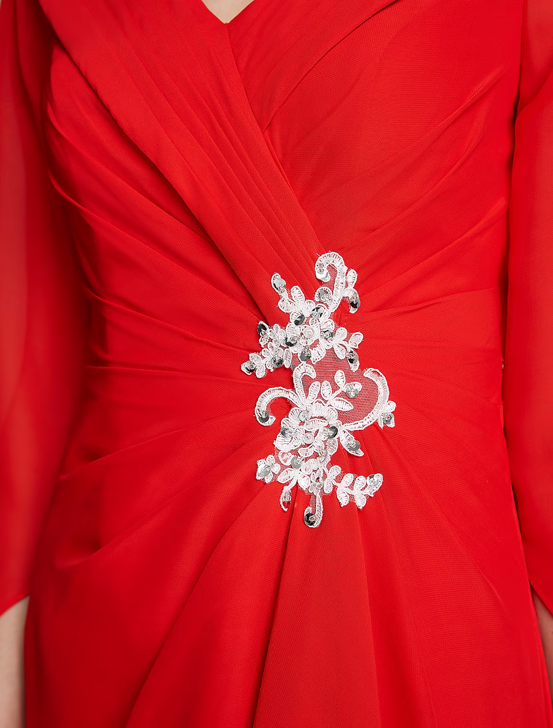 A-Line Mother of the Bride Dress Elegant V Neck Floor Length Chiffon Half Sleeve with Pleats Appliques