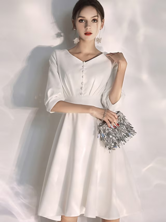 Bachelorette Party Little White Dresses Wedding Dresses Knee Length A-Line Half Sleeve V Neck Stretch Fabric