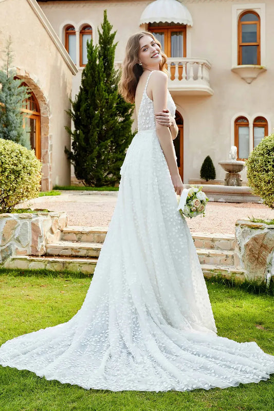 Exquisite Lace A-Line Spaghetti Strap Plunging V-Neck Sleeveless Backless Affordable Hot Sale Wedding Dress