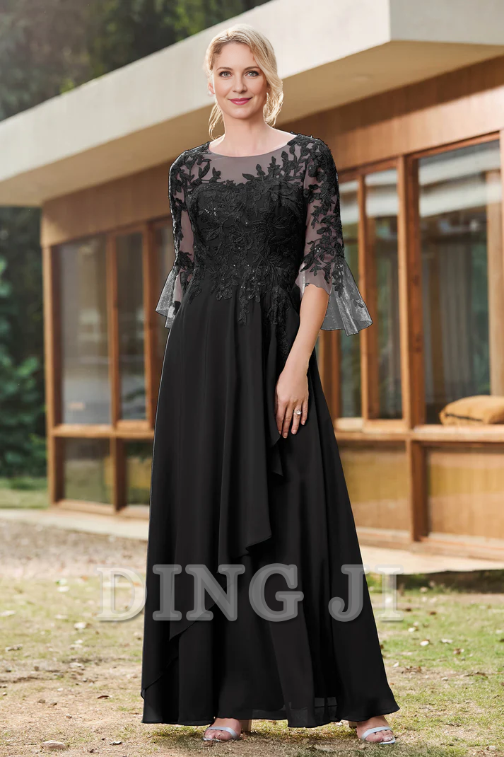 DingJiDress Mother of the Bride Dresses Ruffles Illusion Neck Lace Applique Chiffon Dress Luxury Elegant Dresses Wedding Guests Dresses
