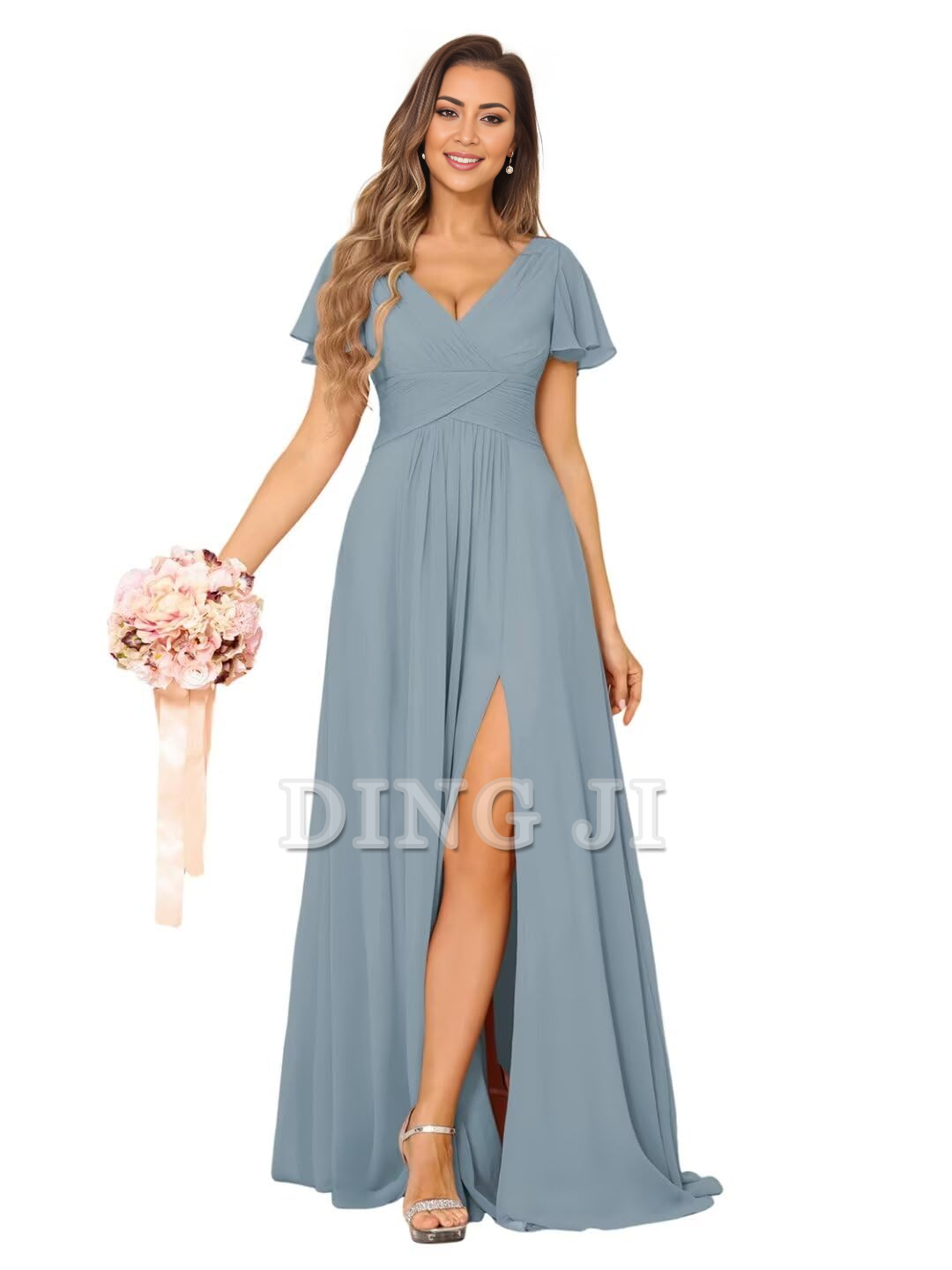 DingJiDress Bridesmaid Dresses Exquisite V Neck Pleated Side Slit Romantic Formal Wear Dresses