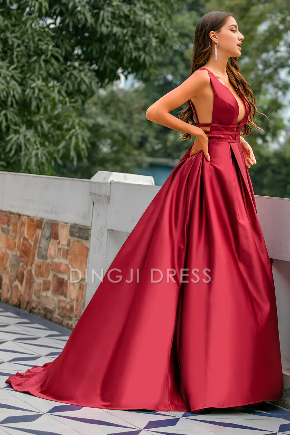 DingJiDress High Quality Dress Charming Deep V Neck Backless Sexy Sweep Train Prom Dress