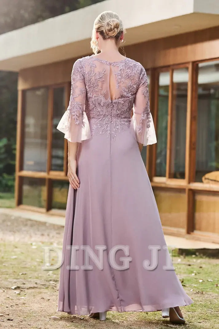 DingJiDress Mother of the Bride Dresses Ruffles Illusion Neck Lace Applique Chiffon Dress Luxury Elegant Dresses Wedding Guests Dresses