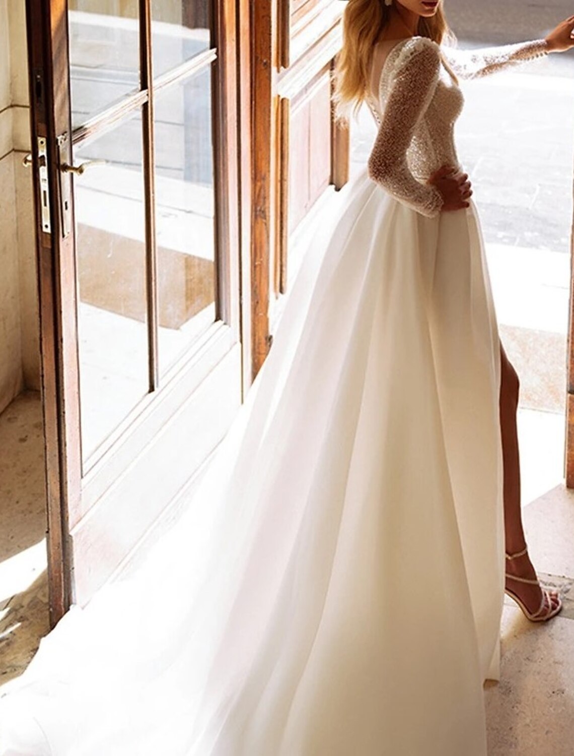 Hall Sparkle & Shine Wedding Dresses A-Line V Neck Long Sleeve Court Train Satin Bridal Gowns With Split